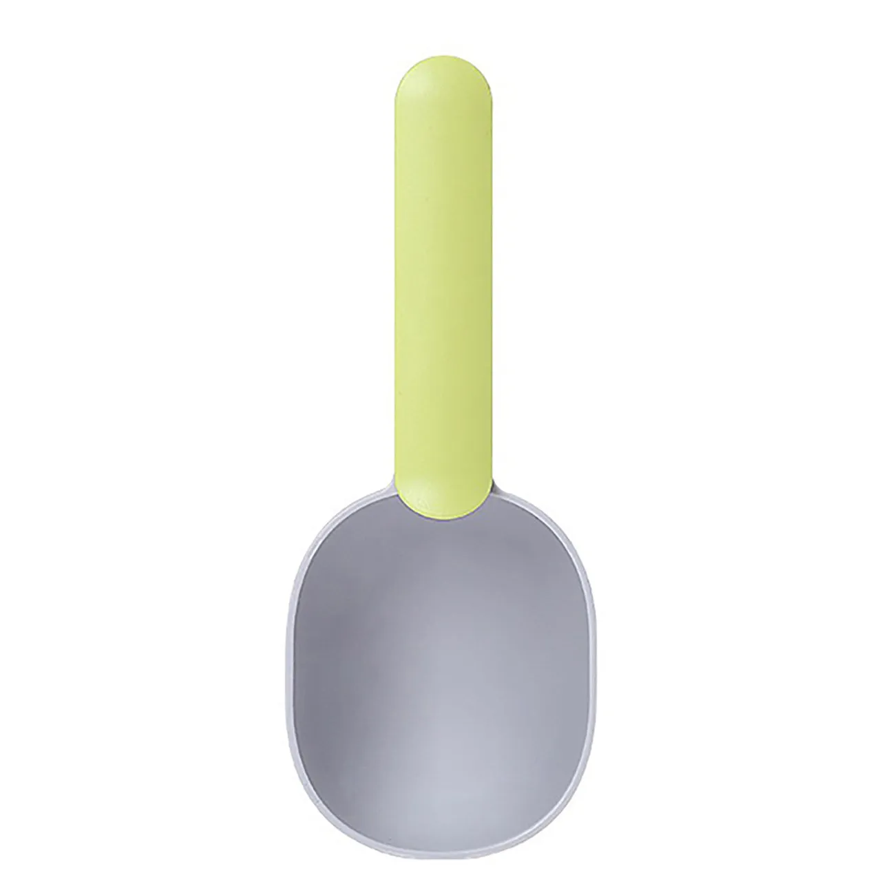 Blue plastic pet food scoop with ergonomic handle and bag clip on a white background