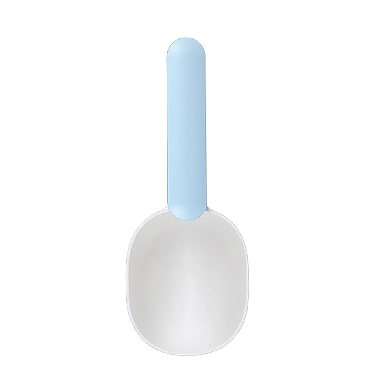 Blue plastic pet food scoop with ergonomic handle and bag clip on a white background