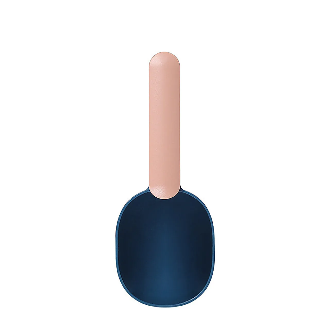 Blue plastic pet food scoop with ergonomic handle and bag clip on a white background