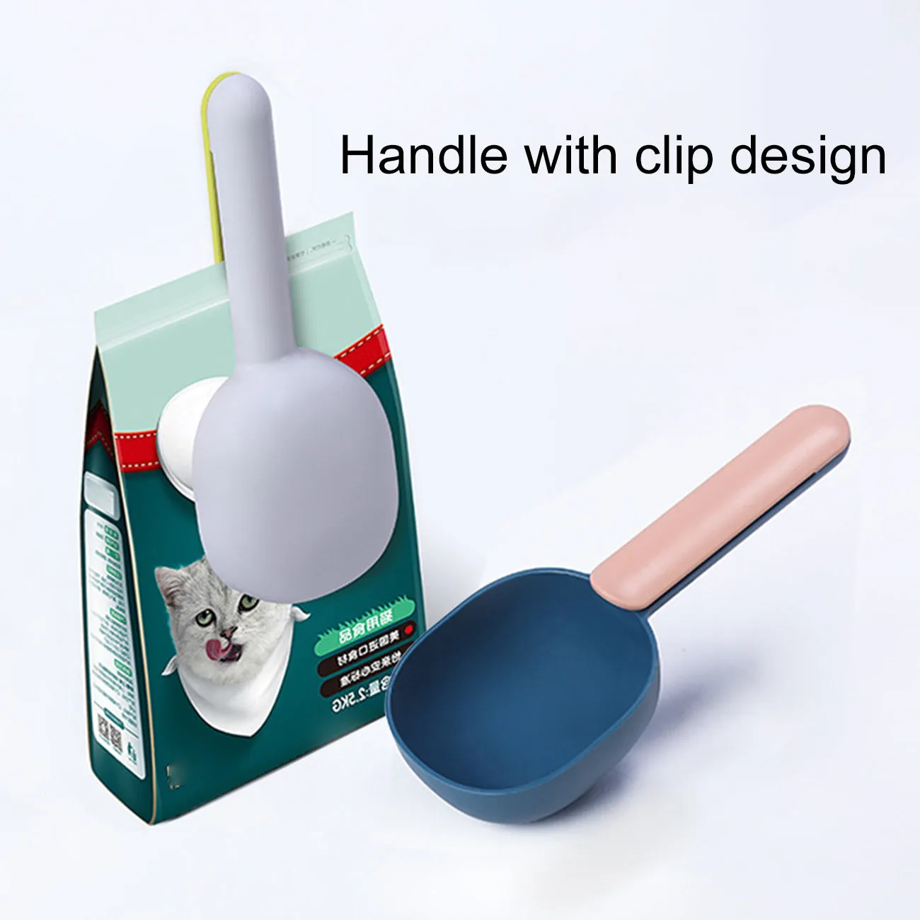 Blue plastic pet food scoop with ergonomic handle and bag clip on a white background