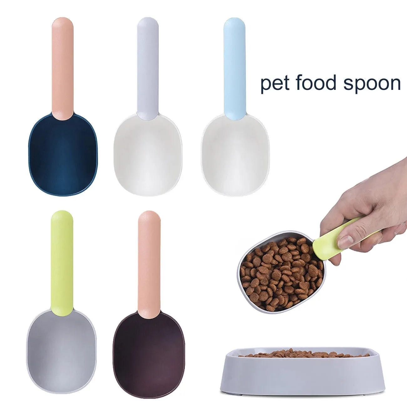 Blue plastic pet food scoop with ergonomic handle and bag clip on a white background