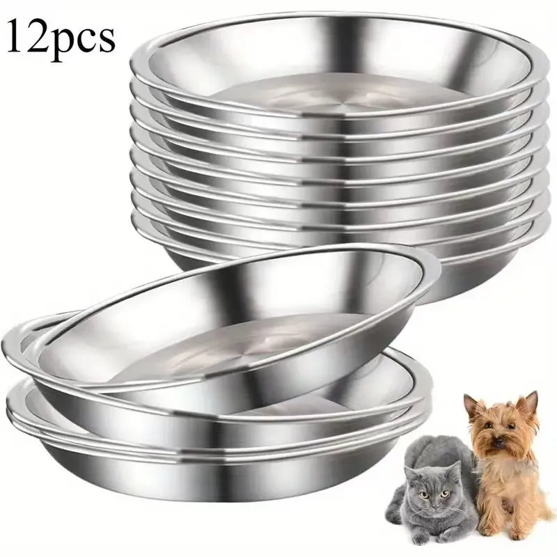 Stainless steel cat feeding bowl thickened pet plate 15cm diameter on light background