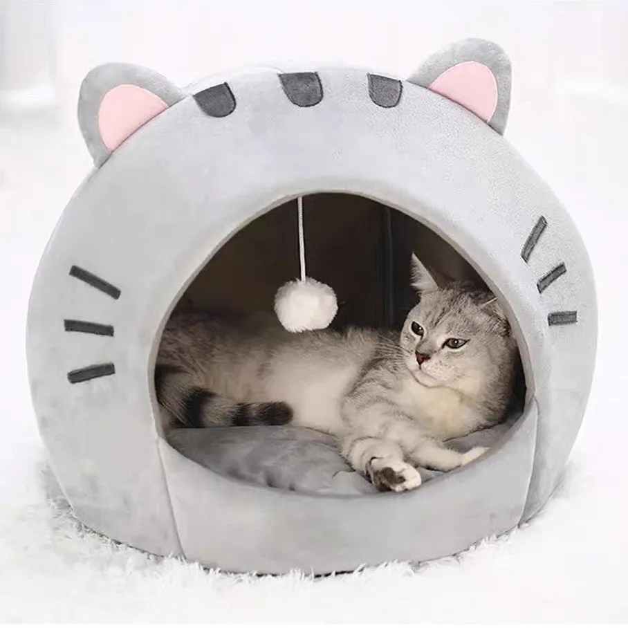 Gray polyester cat nest closed shelter winter warm bed available in sizes S, M, L