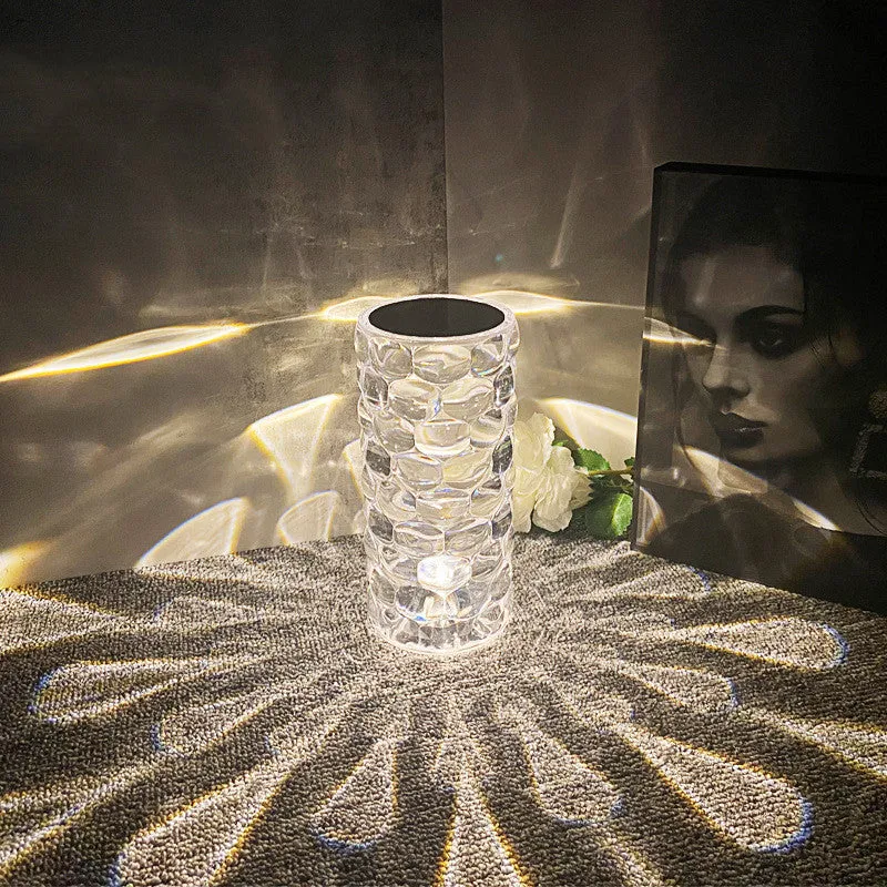 Crystal table lamp rechargeable diamond night light with teardrop acrylic shade on bedside table