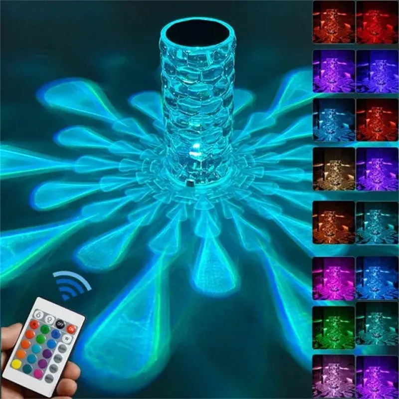Crystal table lamp rechargeable diamond night light with teardrop acrylic shade on bedside table