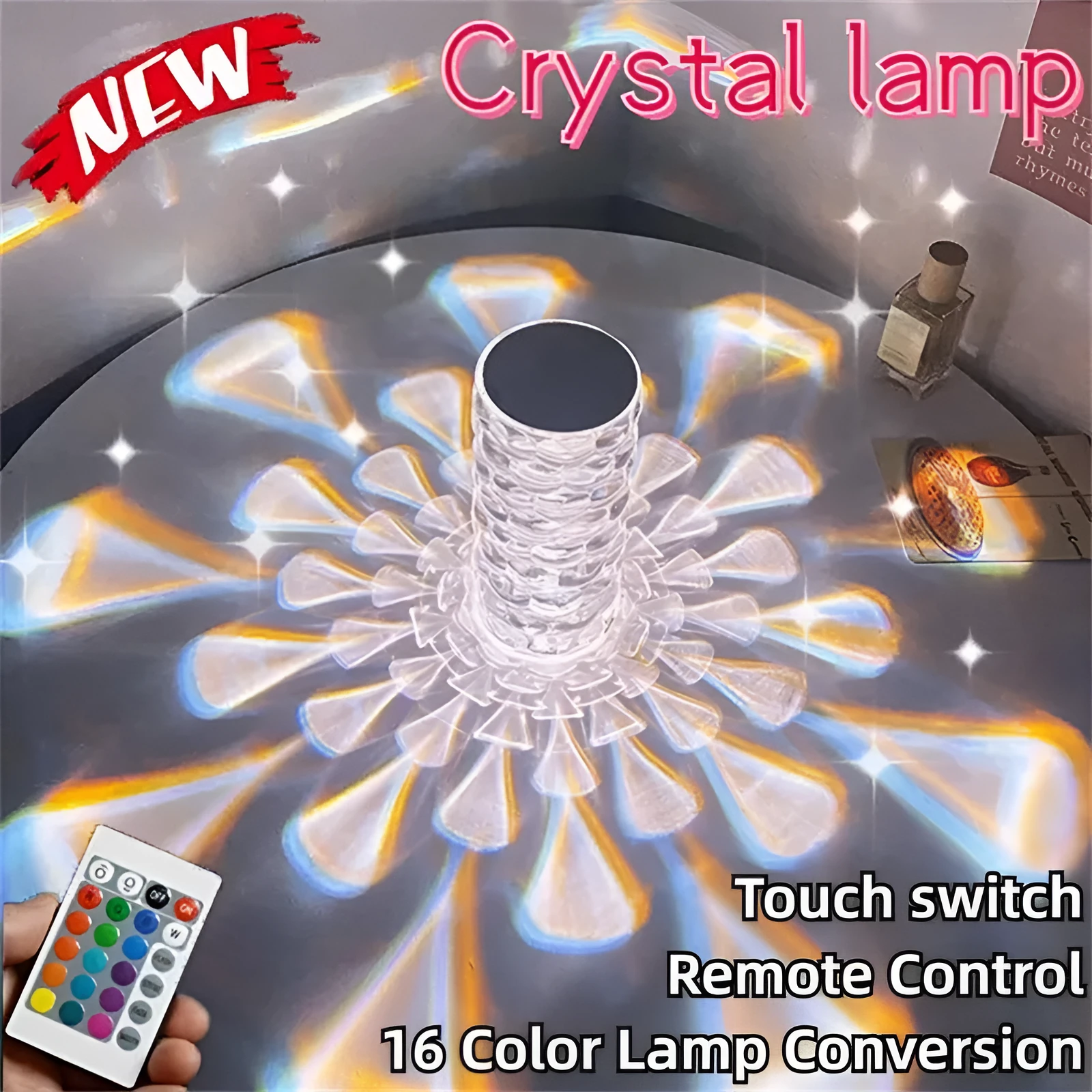 Crystal table lamp rechargeable diamond night light with teardrop acrylic shade on bedside table