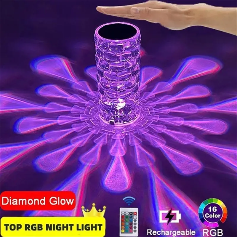 Crystal table lamp rechargeable diamond night light with teardrop acrylic shade on bedside table