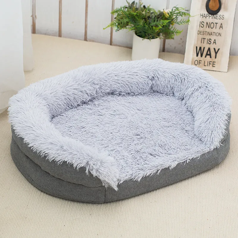 Winter warm pet plush large kennel for dogs, grey oval open nest bed