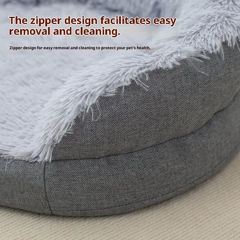 Winter warm pet plush large kennel for dogs, grey oval open nest bed