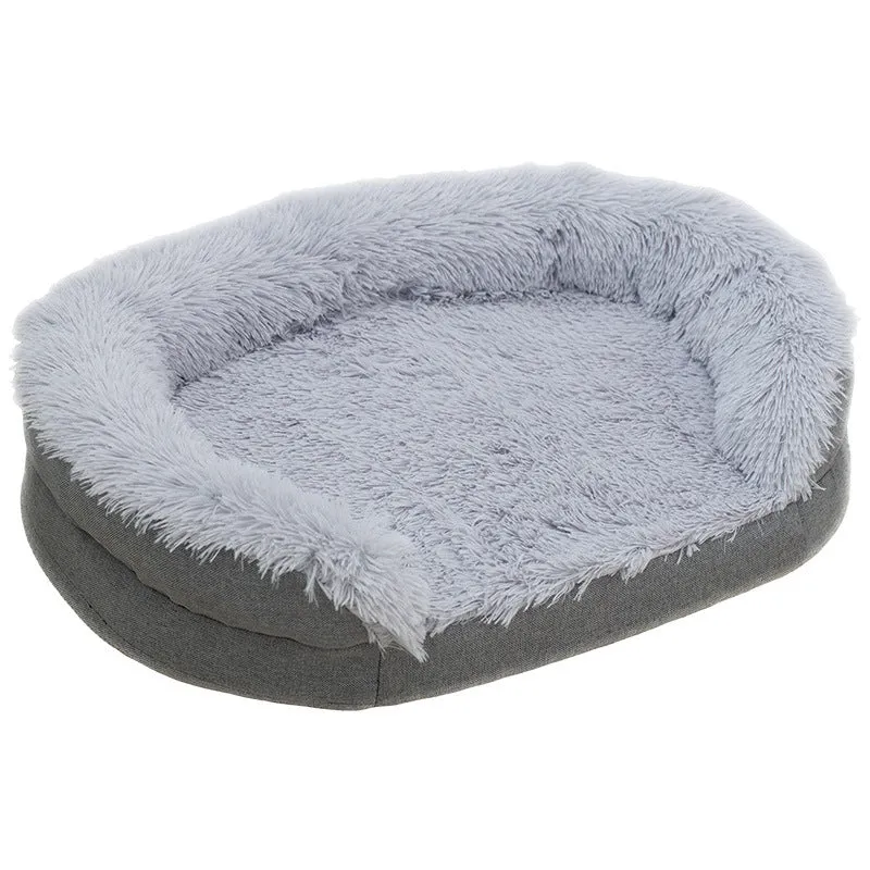 Winter warm pet plush large kennel for dogs, grey oval open nest bed