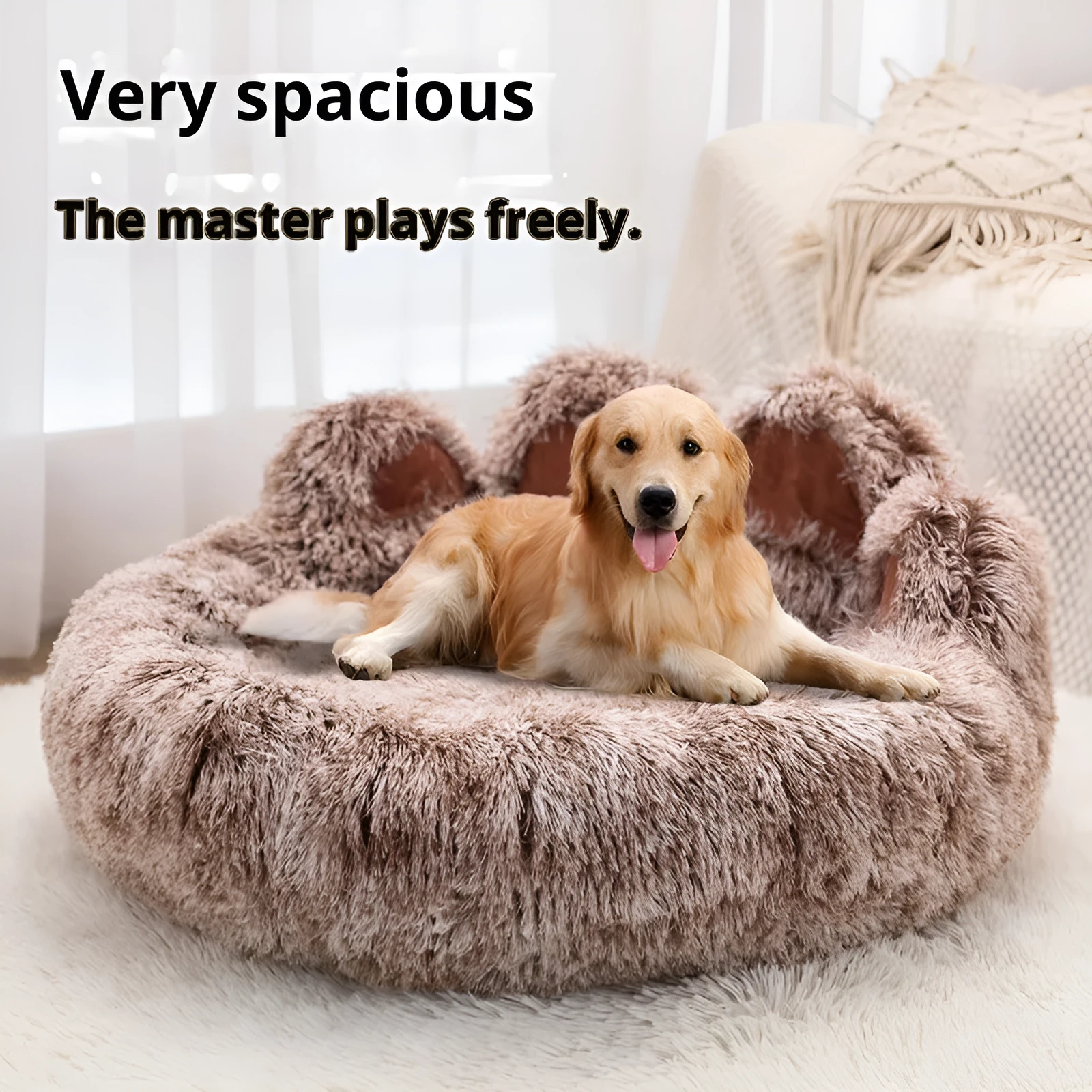 Plush kennel dog bed in double silk grey, hand-shaped brush nest design, diameter 60cm
