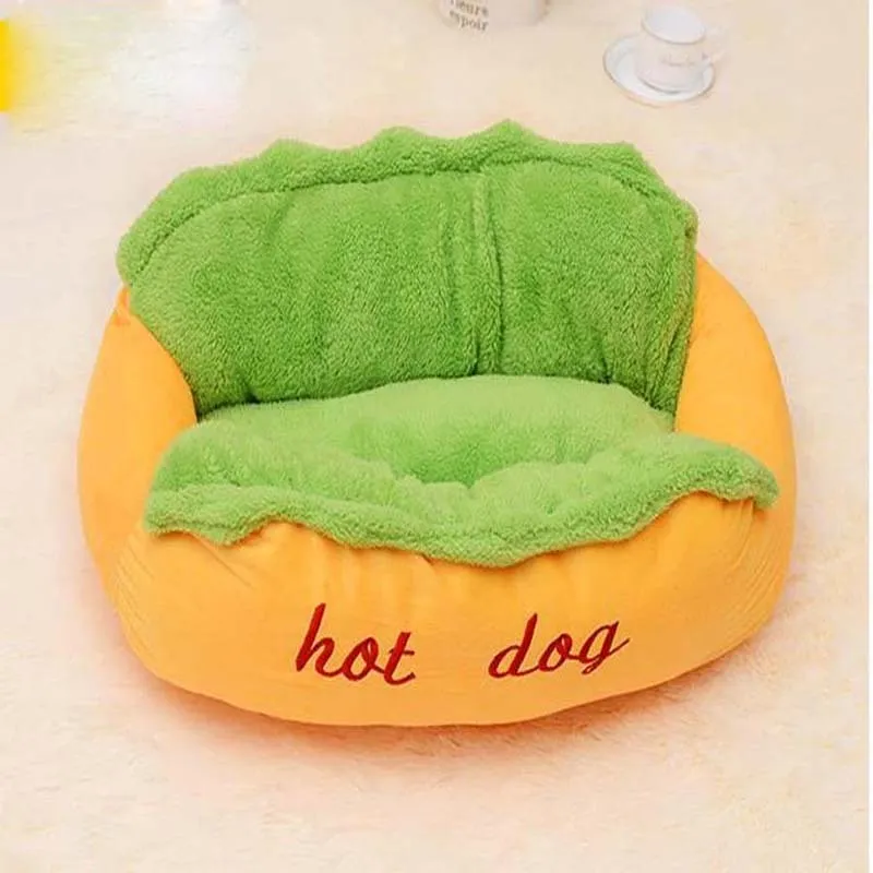 Hot dog shaped pet bed with flannelette mat, jean cloth sides, and anti-slip base for dogs and cats.