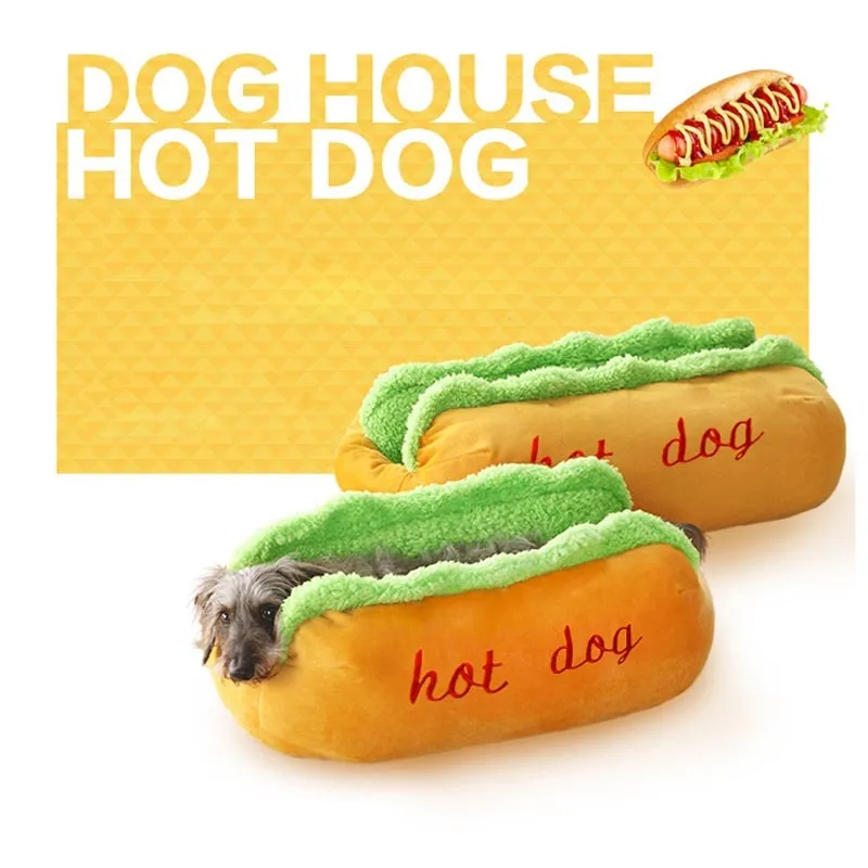 Hot dog shaped pet bed with flannelette mat, jean cloth sides, and anti-slip base for dogs and cats.