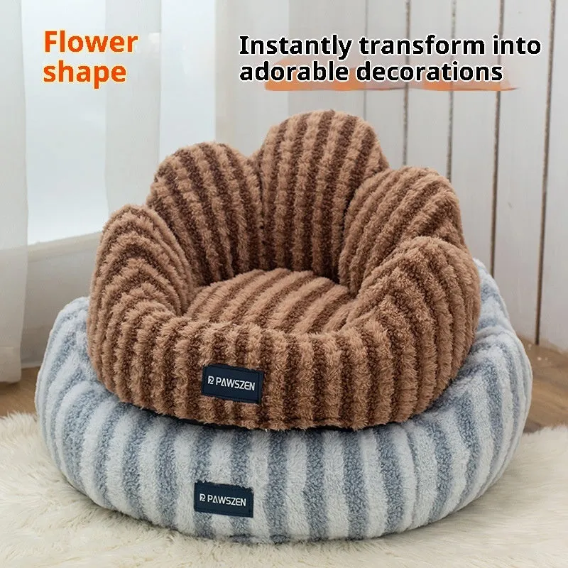 Thickened cloth cat nest in brown striped flower pattern, large size, on a white background