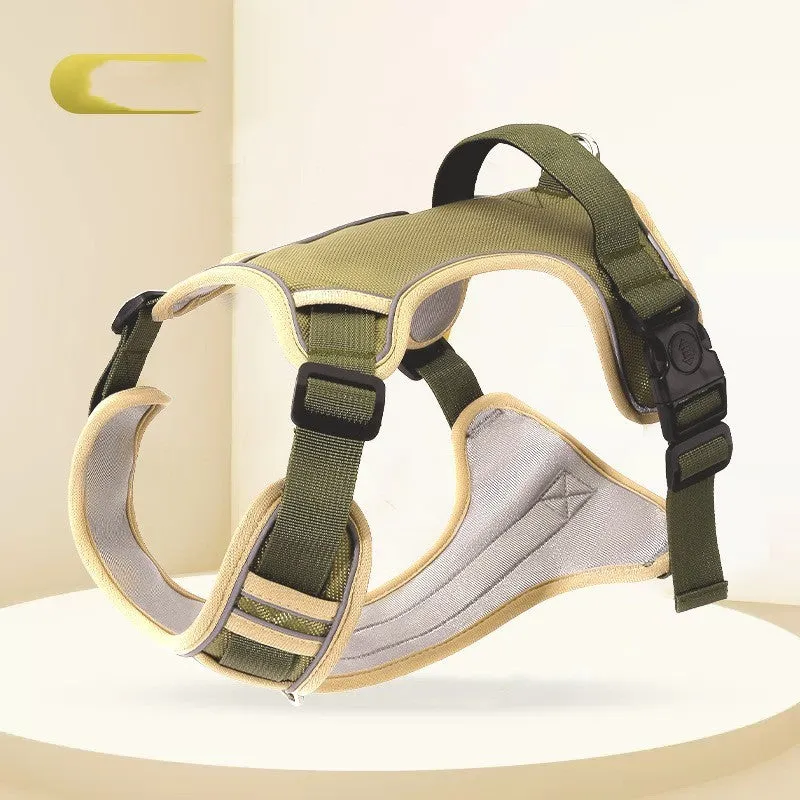 Pet chest strap harness in Army Green Oxford cloth with dog hand holding rope, suitable for 4kg-24kg dogs