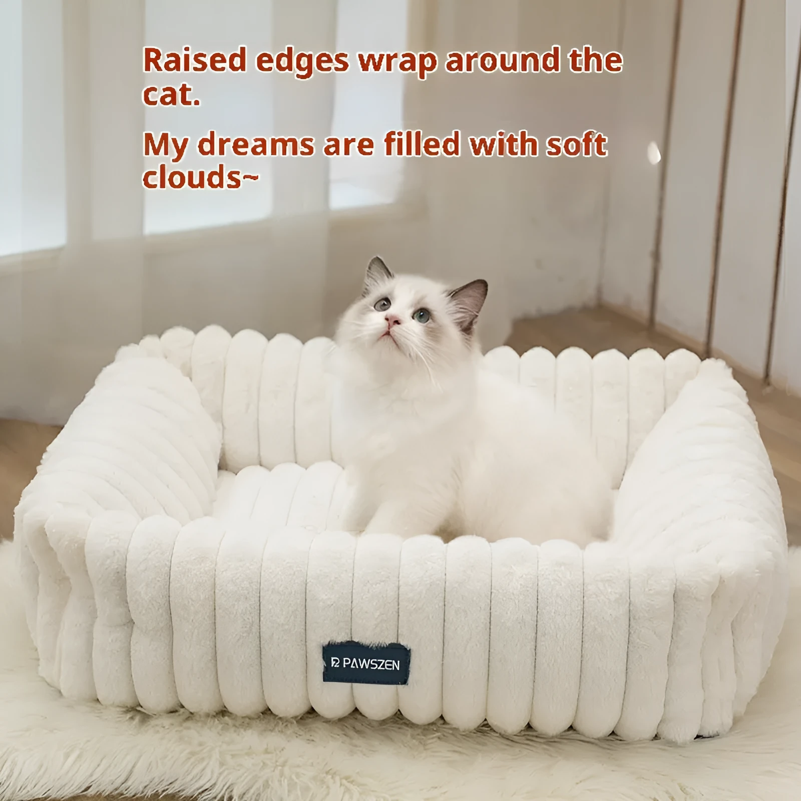 Large removable square pet bed for dogs, white striped, soft cloth, size L
