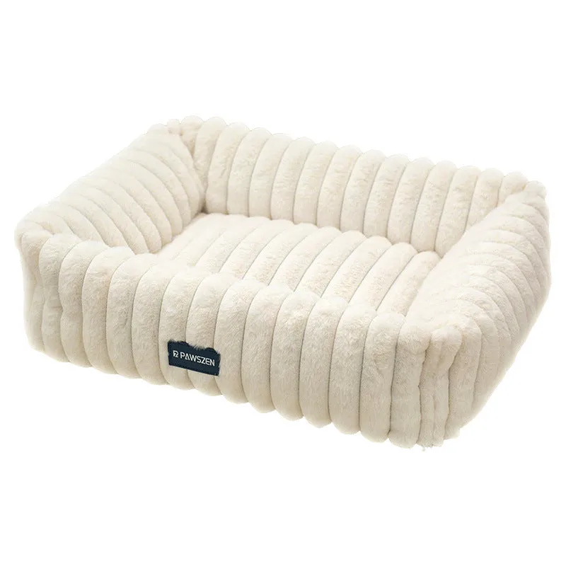 Large removable square pet bed for dogs, white striped, soft cloth, size L