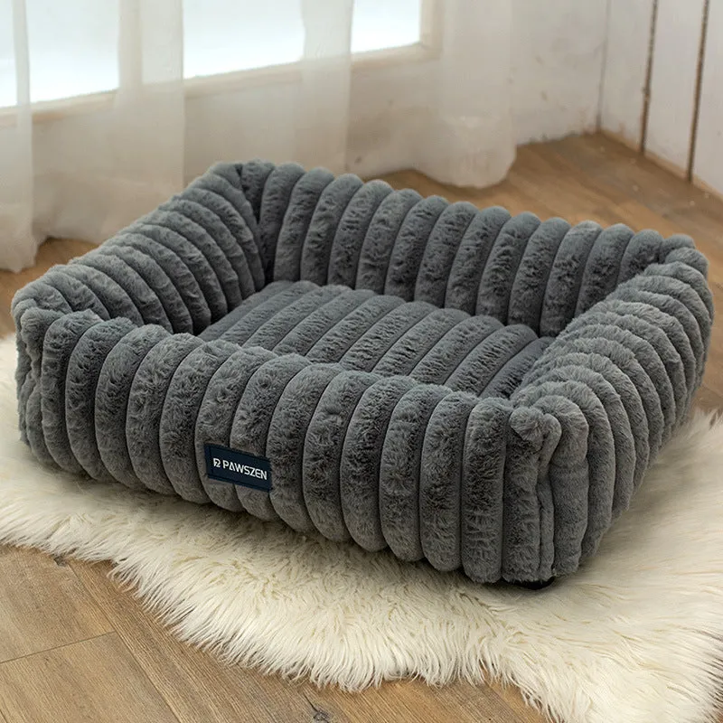 Large removable square pet bed for dogs, white striped, soft cloth, size L