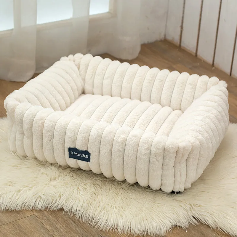 Large removable square pet bed for dogs, white striped, soft cloth, size L