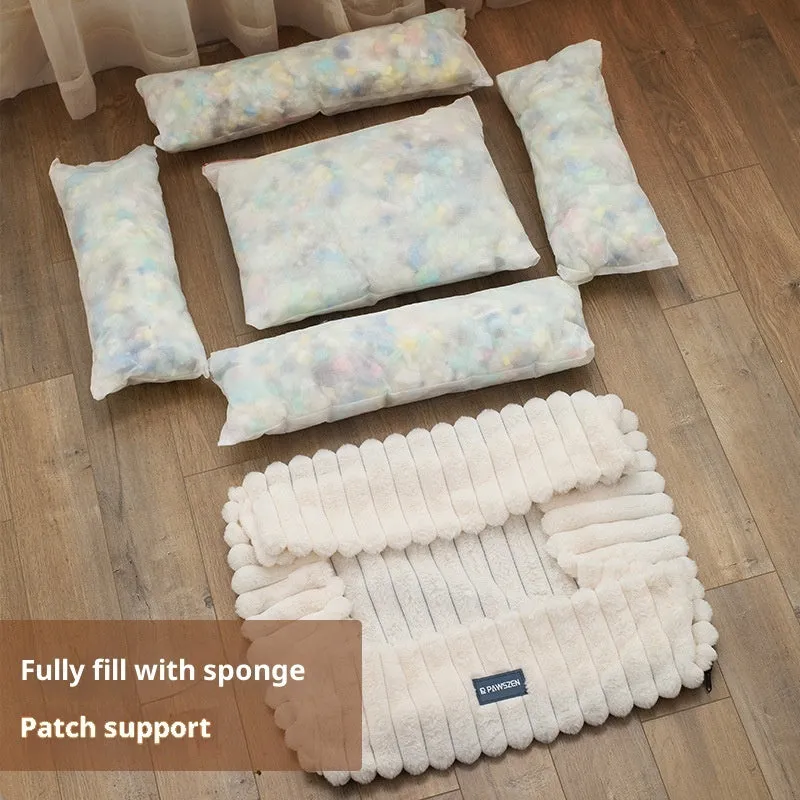 Large removable square pet bed for dogs, white striped, soft cloth, size L