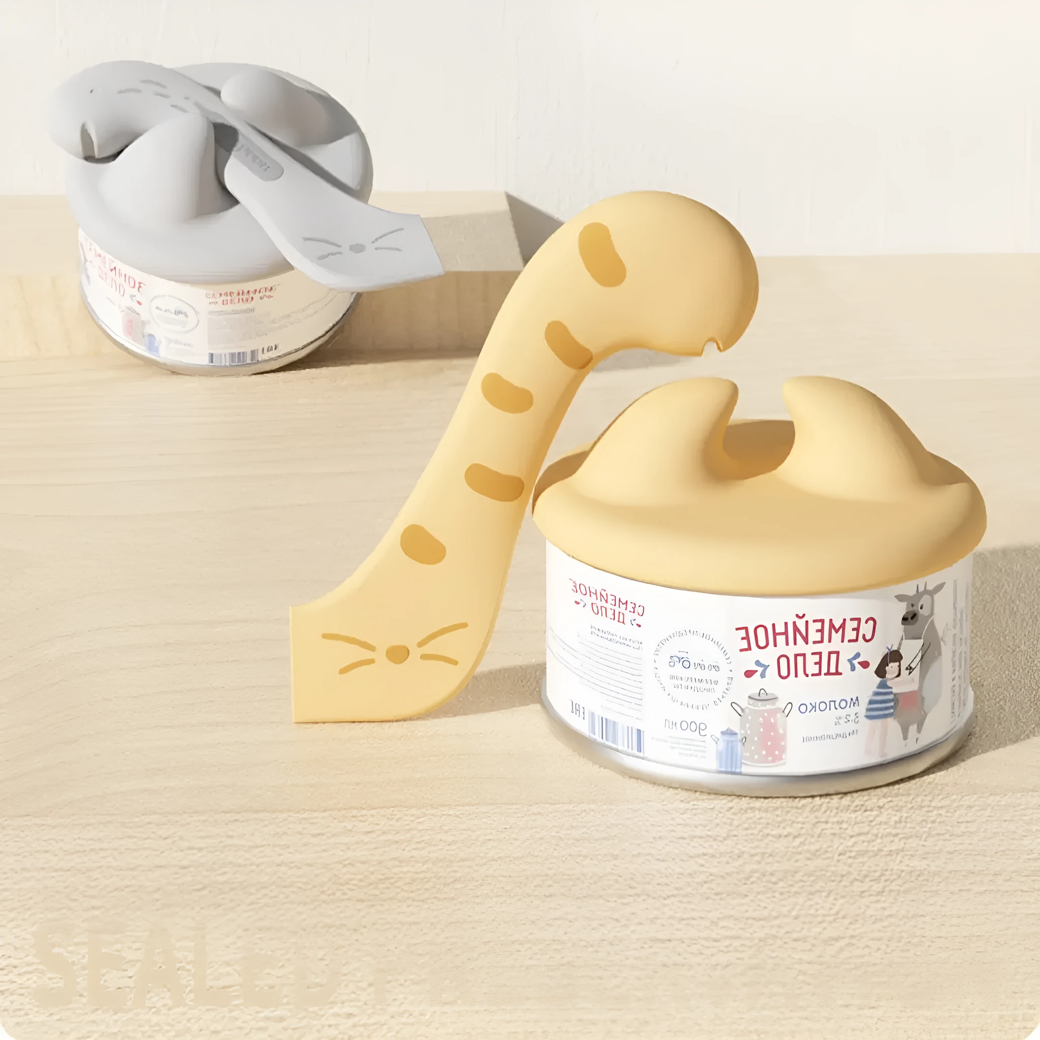 Multifunctional cat jar spoon in yellow colour with built-in can opener and feeding spoon made from ABS and silicone
