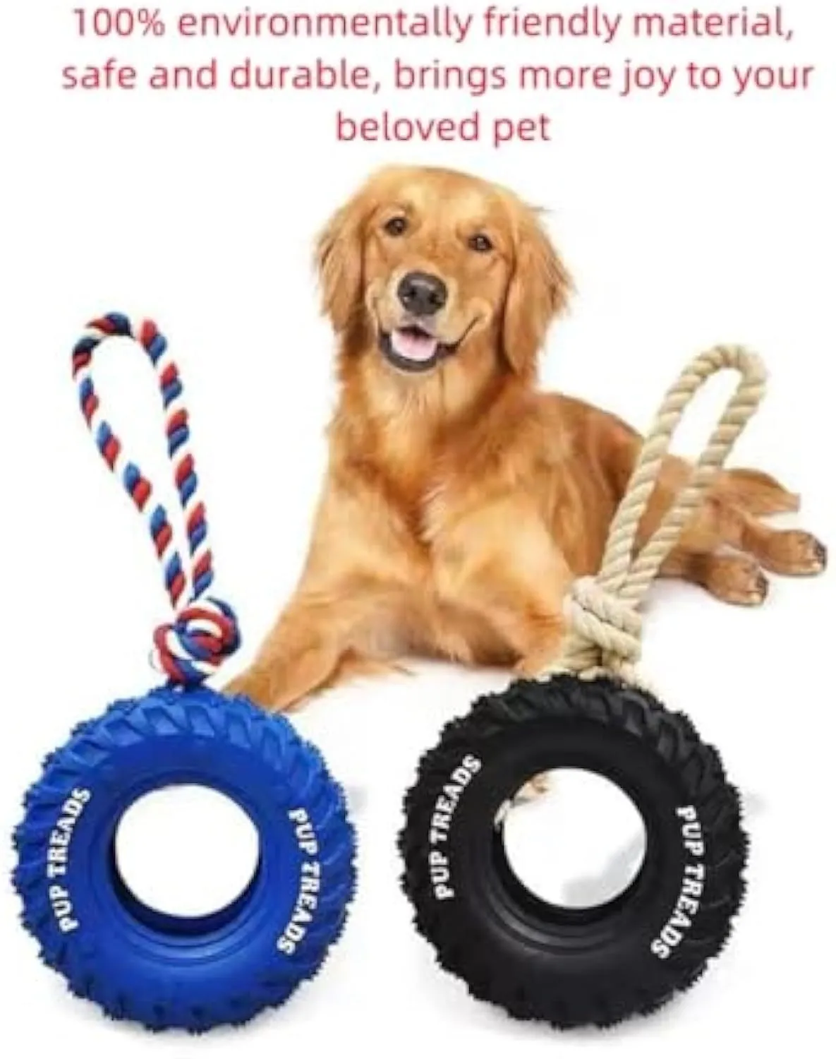 Tough natural rubber dog chew toy shaped like a tire with rope, black colour, for large dogs