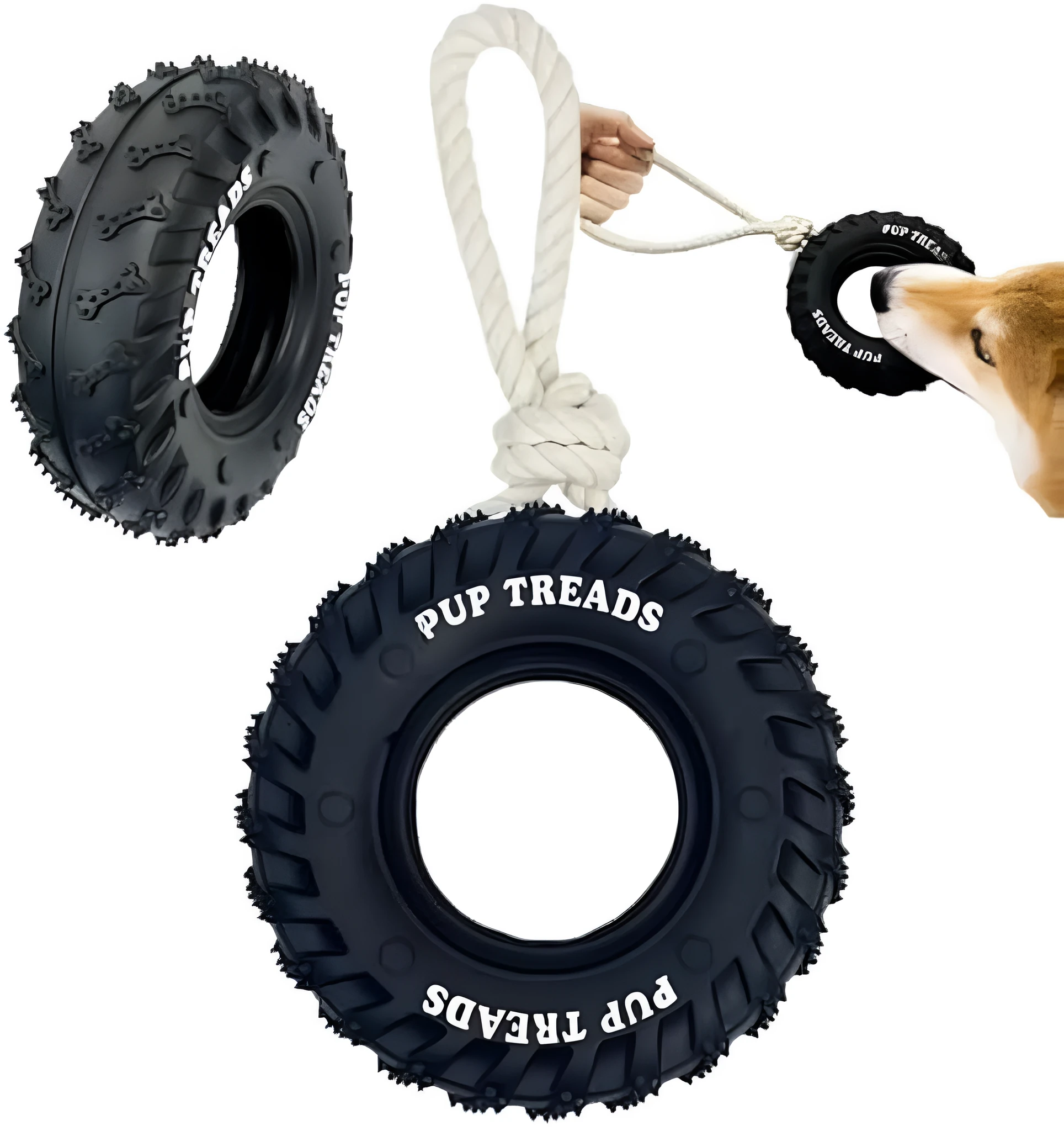 Tough natural rubber dog chew toy shaped like a tire with rope, black colour, for large dogs