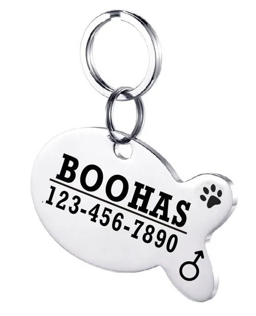 Personalised stainless steel pet ID tag with natural zircon chain in silver, showing style option A.