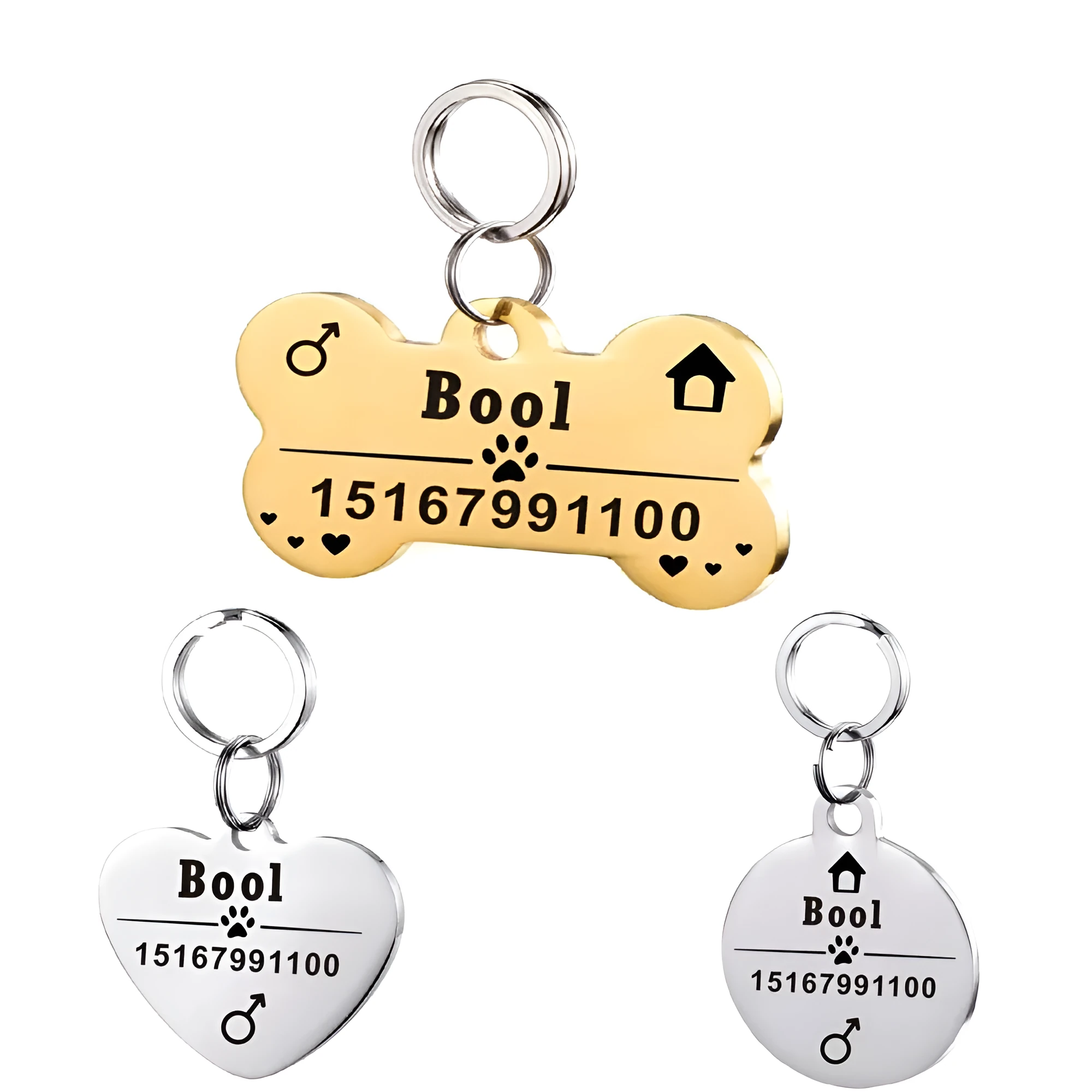 Personalised stainless steel pet ID tag with natural zircon chain in silver, showing style option A.