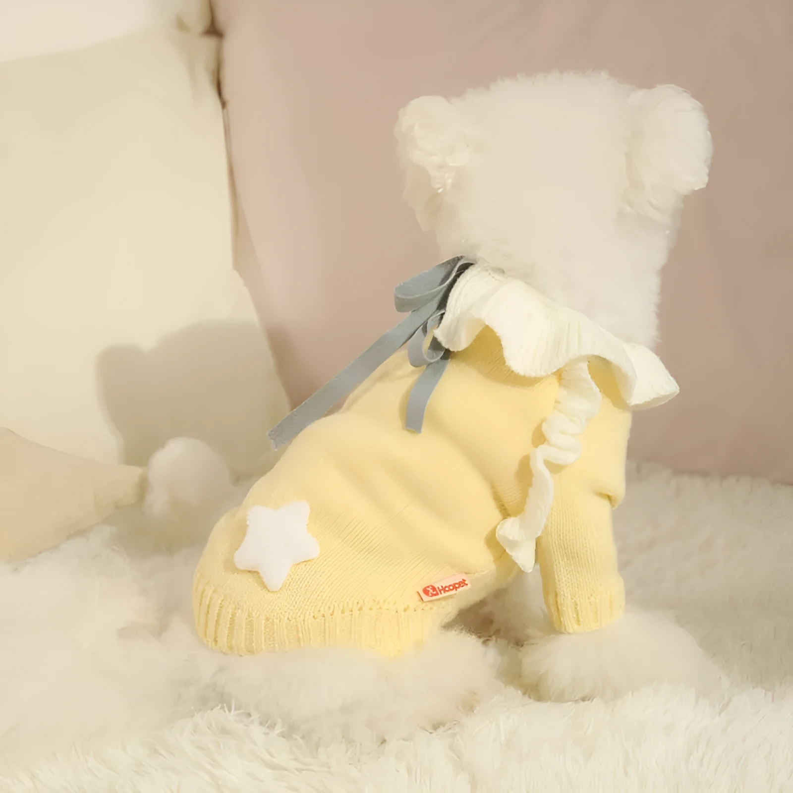 Yellow acrylic dog sweater on a small puppy, showing a casual knitted design.