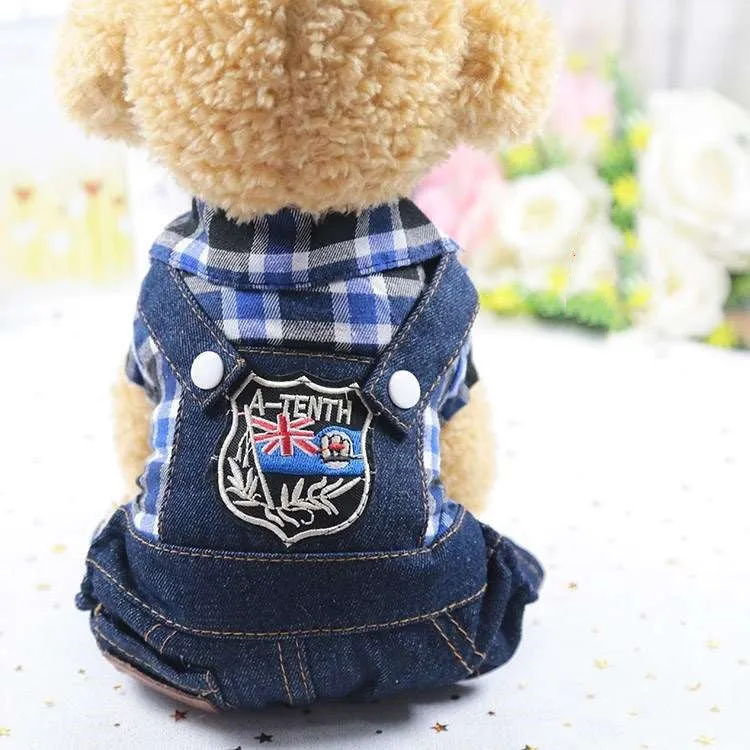Green denim four-legged dog outfit for small breeds, casual style, size M