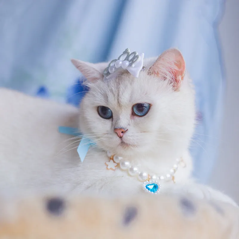 Blue pet skirt with matching headdress and necklace set on a cat, polyester fabric, classic style