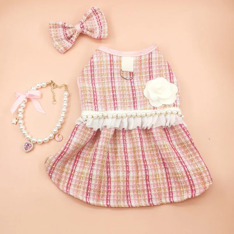 Blue pet skirt with matching headdress and necklace set on a cat, polyester fabric, classic style