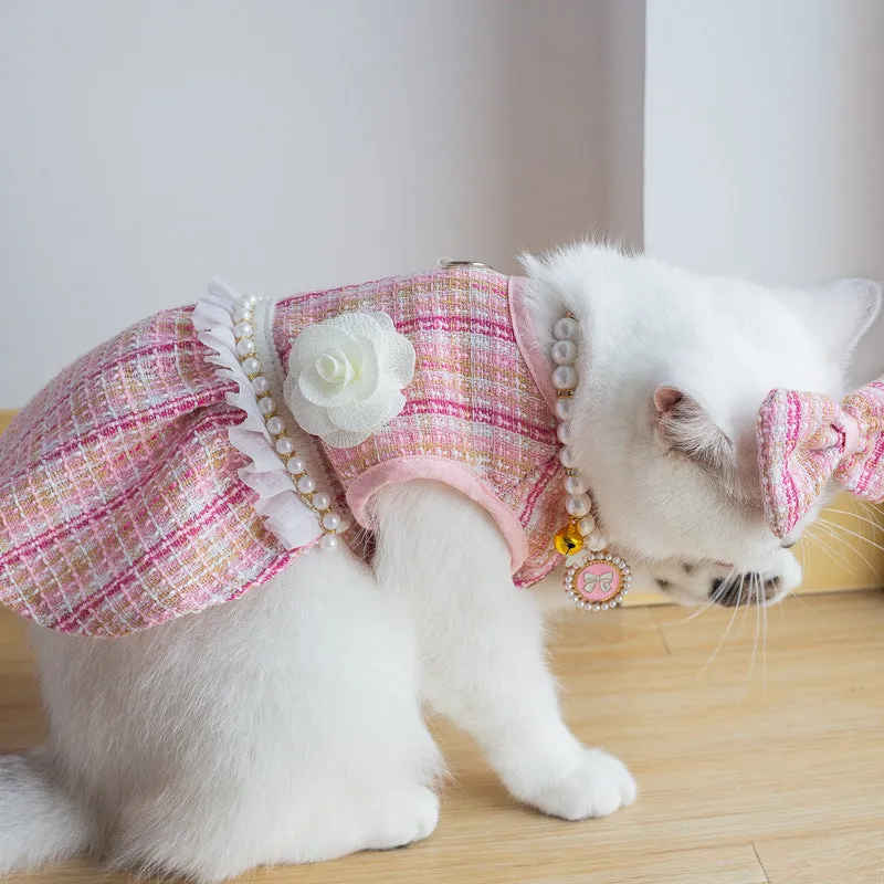Blue pet skirt with matching headdress and necklace set on a cat, polyester fabric, classic style