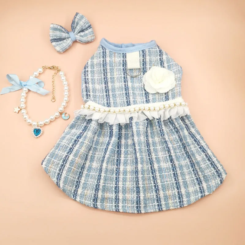 Blue pet skirt with matching headdress and necklace set on a cat, polyester fabric, classic style