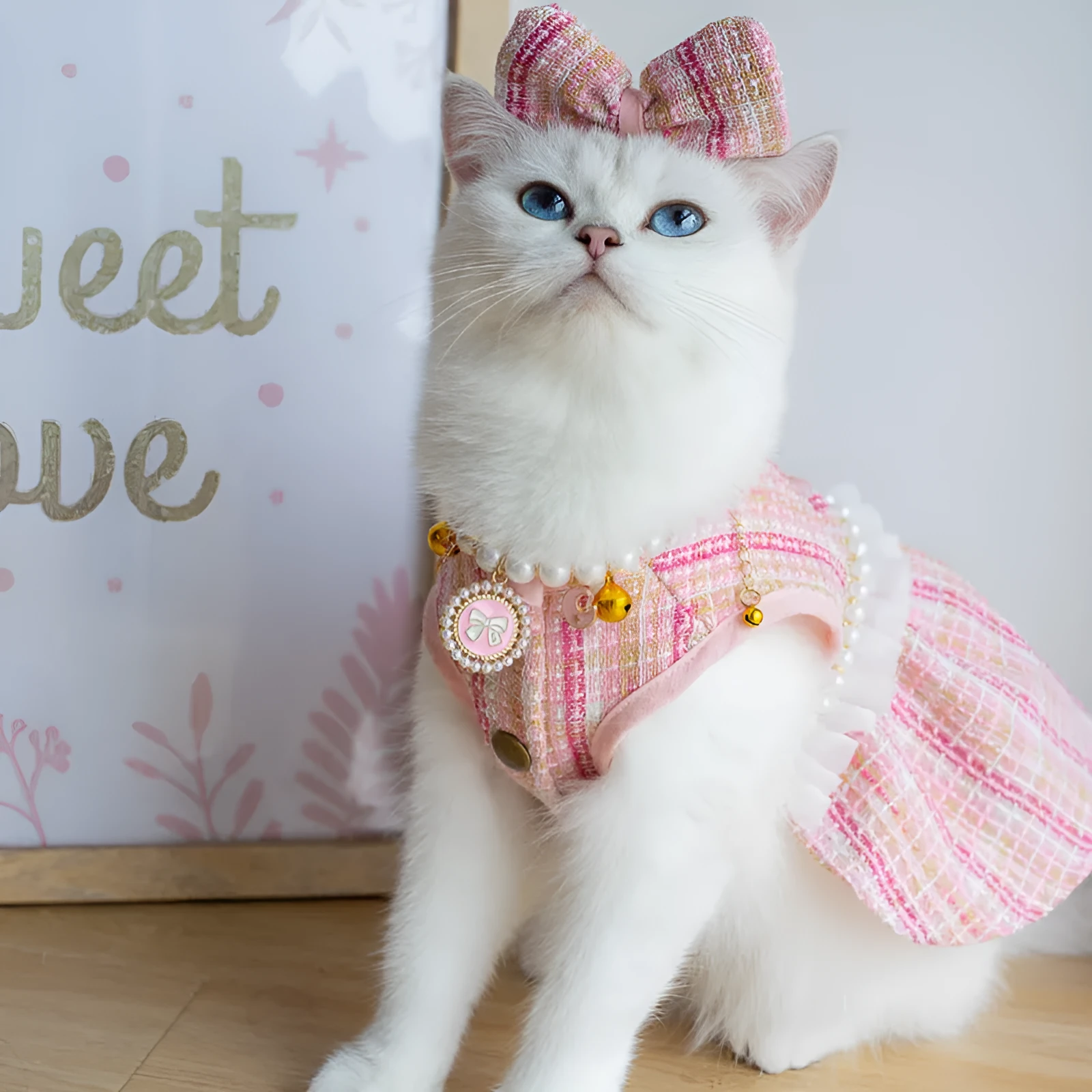 Blue pet skirt with matching headdress and necklace set on a cat, polyester fabric, classic style