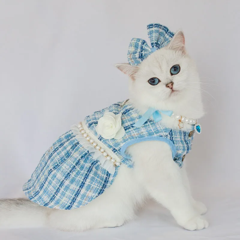 Blue pet skirt with matching headdress and necklace set on a cat, polyester fabric, classic style