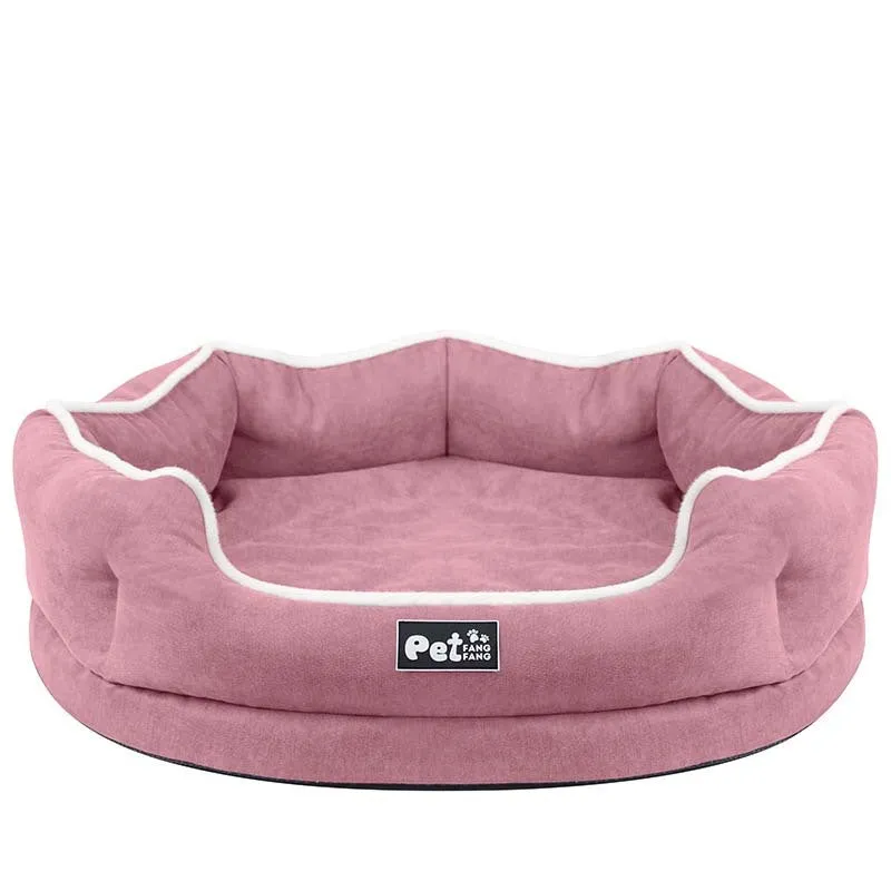 Blue memory foam pet cushion on floor with dog sitting on it, size L option shown