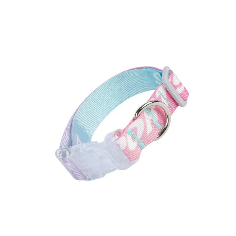 Adjustable nylon dog collar with colourful cartoon gradient print, shown in sizes for small to medium dogs.