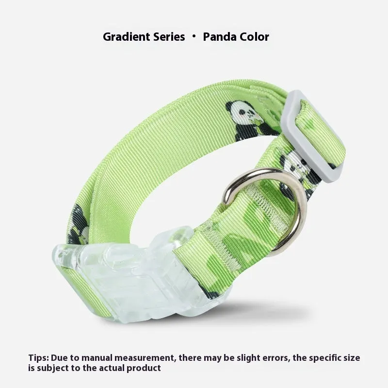 Adjustable nylon dog collar with colourful cartoon gradient print, shown in sizes for small to medium dogs.
