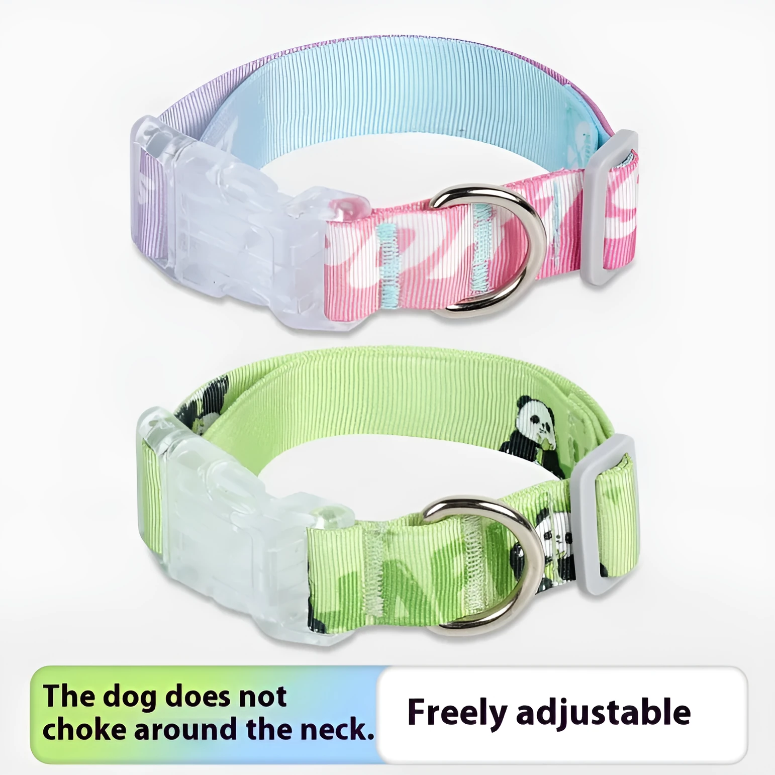 Adjustable nylon dog collar with colourful cartoon gradient print, shown in sizes for small to medium dogs.