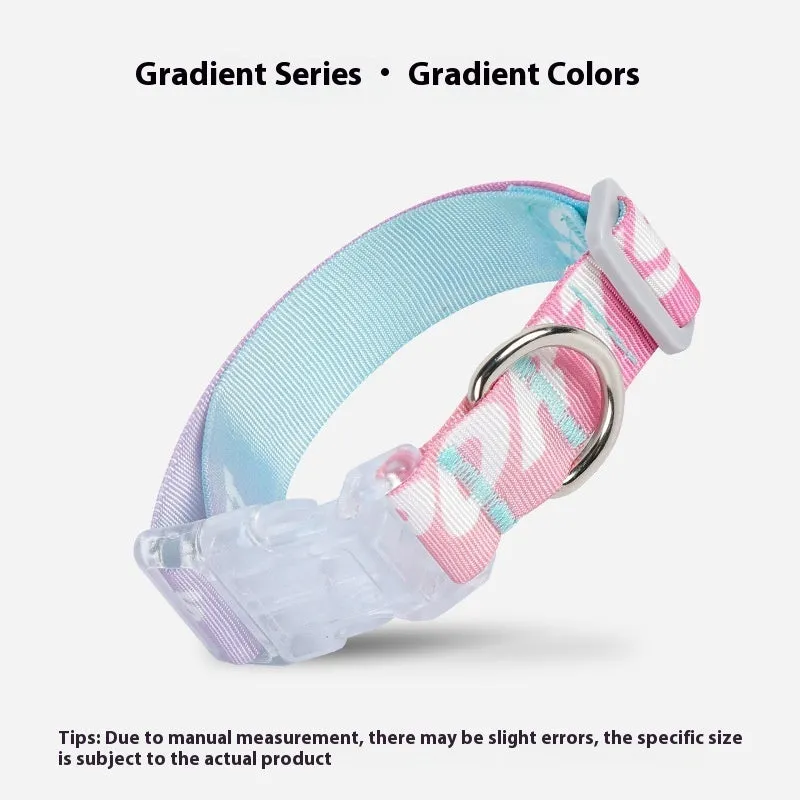 Adjustable nylon dog collar with colourful cartoon gradient print, shown in sizes for small to medium dogs.
