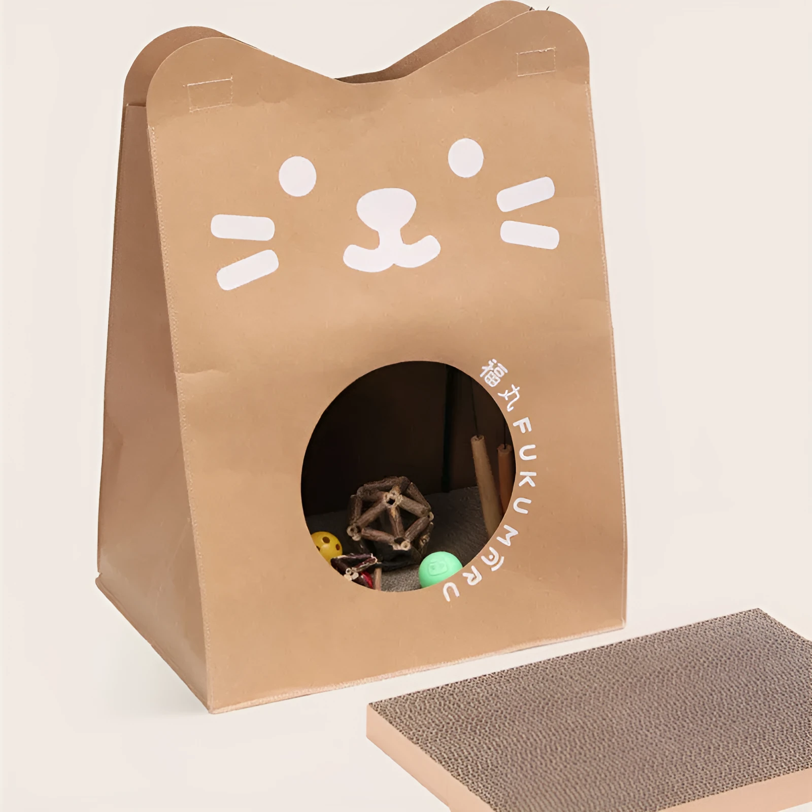 Brown washable kraft paper bag cat nest with integrated corrugated scratch board measuring 40x30x53cm