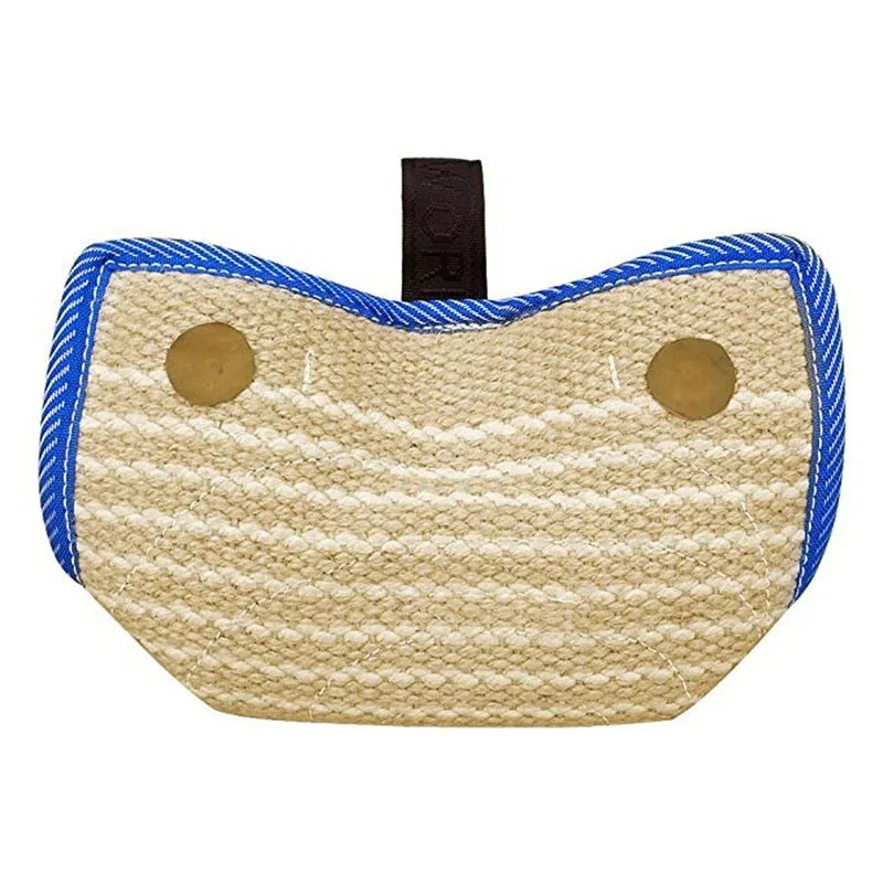 Dog training bite pillow in linen and blue border with double stitching and two soft rope handles for tug-of-war