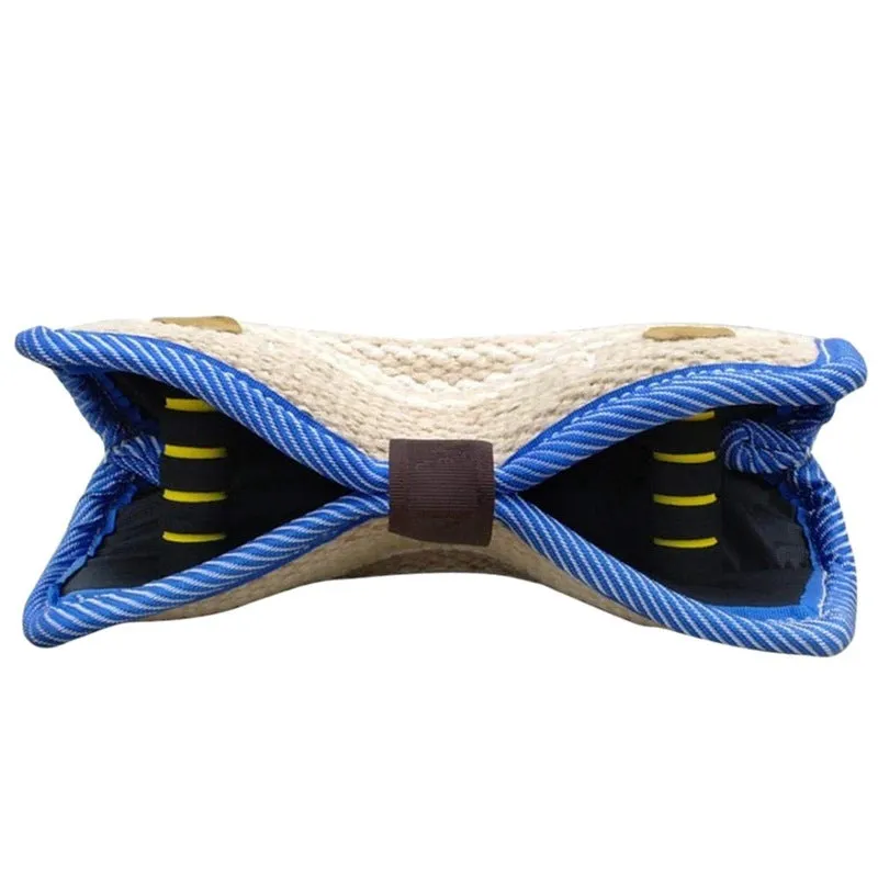 Dog training bite pillow in linen and blue border with double stitching and two soft rope handles for tug-of-war