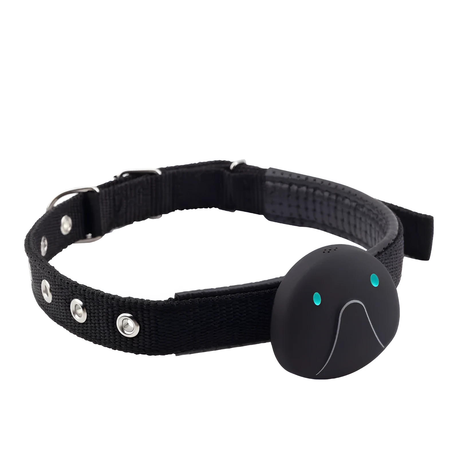 Mini pet smart wearable locator in black with ABS PVC body showing compact design for cat or dog collar