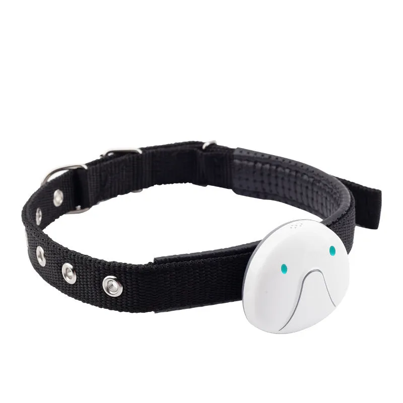 Mini pet smart wearable locator in black with ABS PVC body showing compact design for cat or dog collar