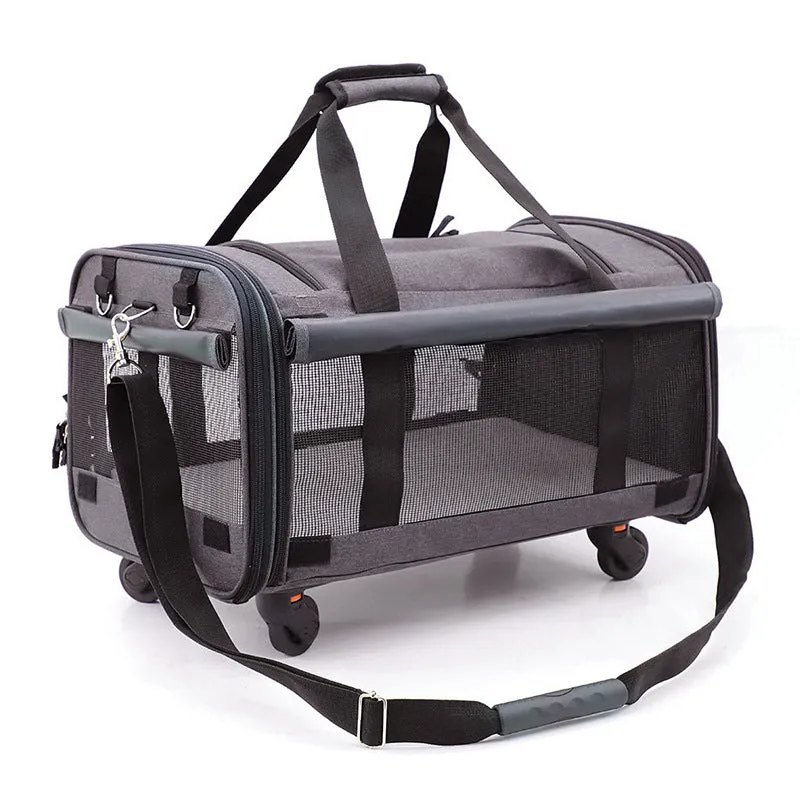 Pink folding travel cat bag with universal wheels and solid bottom, 60cm by 38cm by 32cm