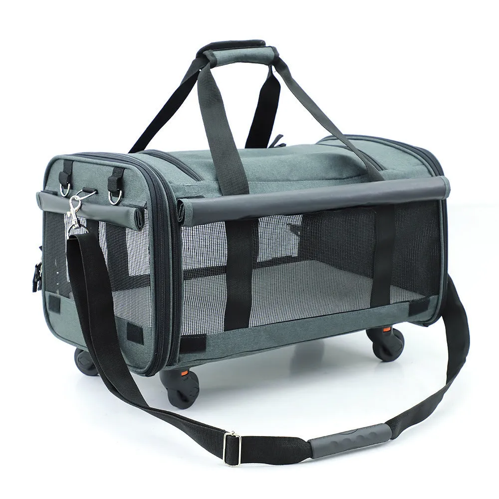Pink folding travel cat bag with universal wheels and solid bottom, 60cm by 38cm by 32cm