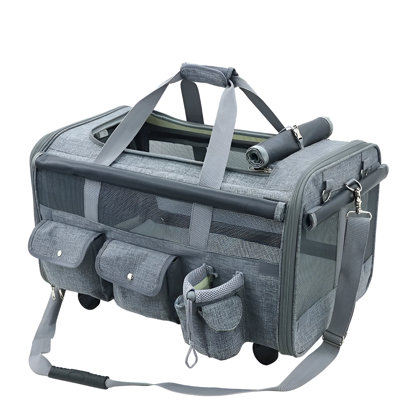 Pink folding travel cat bag with universal wheels and solid bottom, 60cm by 38cm by 32cm